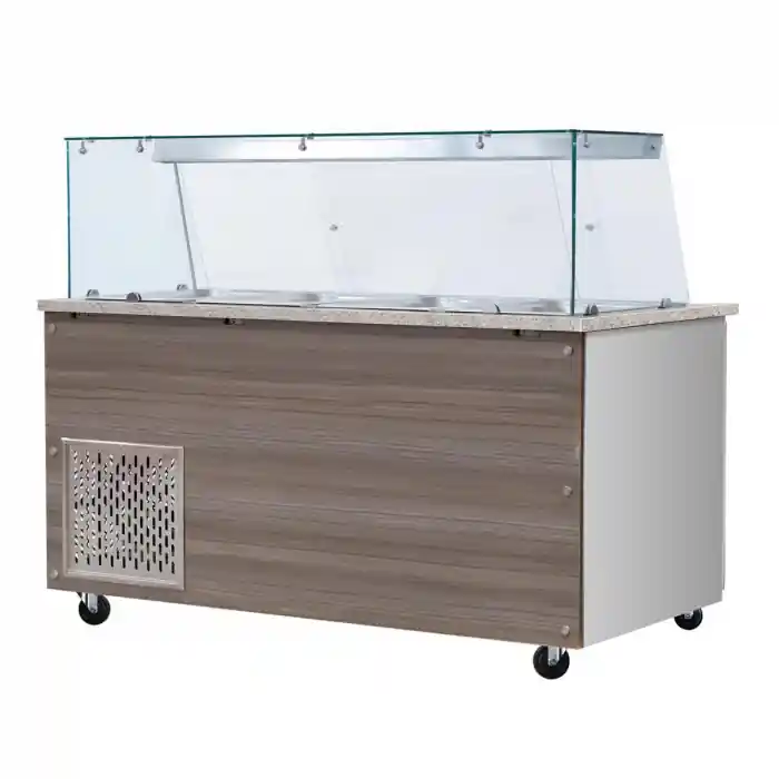Kalte Theke, 6x GN1/1, Granit rosa-grau, 223x82x85.5 Glasaufbau Klarglas ohne Zwischenablage, H=396mm Nur Für Kurze Zeit